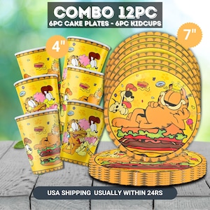 Set Yellow cartoon Cat Tableware plate cups napkin HANGING Swirl happy birthday party supplies decorations theme centerpiece baby shower