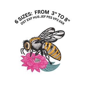 May include: Embroidered design of a bee on a pink flower with green leaves. The design is available in 6 sizes, from 3 inches to 8 inches. The file formats included are DST, EXP, HUS, JEF, PES, VP3, and XXX.