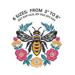 May include: Embroidered design of a bee surrounded by flowers in a wreath. The design comes in 6 sizes, from 3 inches to 8 inches. The file formats included are DST, EXP, HUS, JEF, PES, VP3, and XXX.