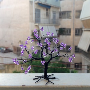 Jacaranda tree, black purple miniature wrapped wire tree of life, whimsical tree statue, spring home minimal decor, gift for mum under 65