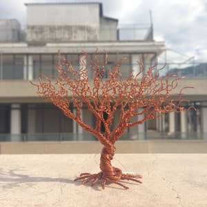 copper minimal wire art tree sculpture, warm gold miniature art statue, minimalist accents wintery decor, whimsical christmas decoration