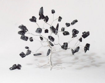 obsidian gemstone wire tree sculpture, black silver whimsical wire tree, protective art tree ,minimalistic home decor, hostess gift under 60