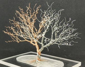 silver copper gold tree of life, two trees of Valinor inspired miniature wire wrapped tree, whimsical wire tree art, gift for him under 75