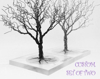 wire tree art statue set of 2, silver copper black brown minimal miniature wire tree of life, whimsical home decor, christmas gift under 80