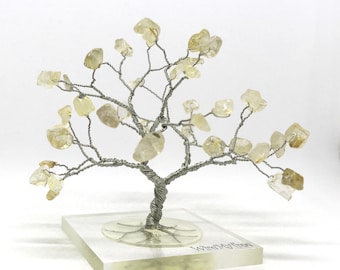 gold tree of life, yellow rutilated quartz gemstone tree, silver spiritual healing wire tree, minimal home decor, miniature gift under 50
