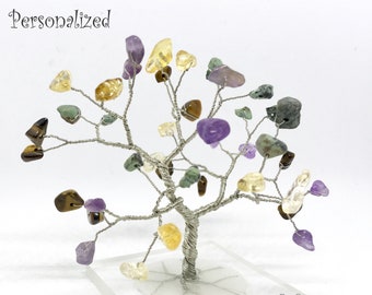 personalized gemstone wire tree statue, silver family tree of life, minimal decor, mother's day anniversary birthday christmas gift under 60