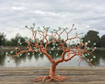 green beads copper wire minimal art tree of life statue, miniature wire art tree sculpture, minimalistic whimsical home decoration