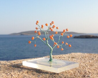 miniature ice blue wire orange beads plexiglass base art tree, minimalistic wire tree of life art statue, minimal home decor