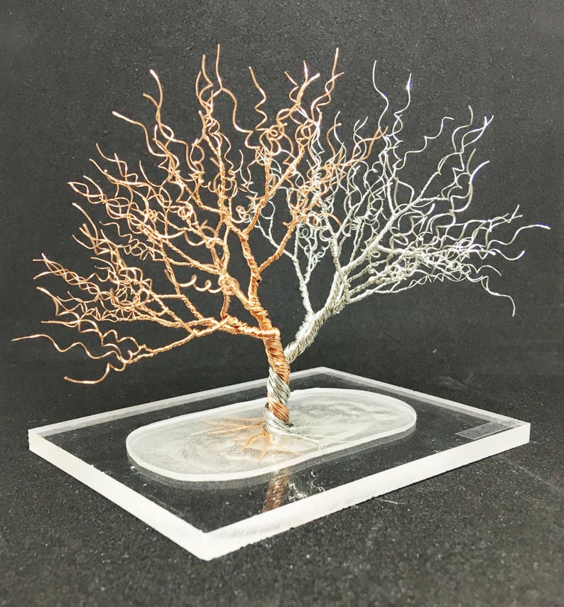 silver copper gold tree of life, two trees of Valinor inspired miniature wire wrapped tree, whimsical wire tree art, gift for him under 75 image 3