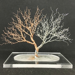 silver copper gold tree of life, two trees of Valinor inspired miniature wire wrapped tree, whimsical wire tree art, gift for him under 75 image 2