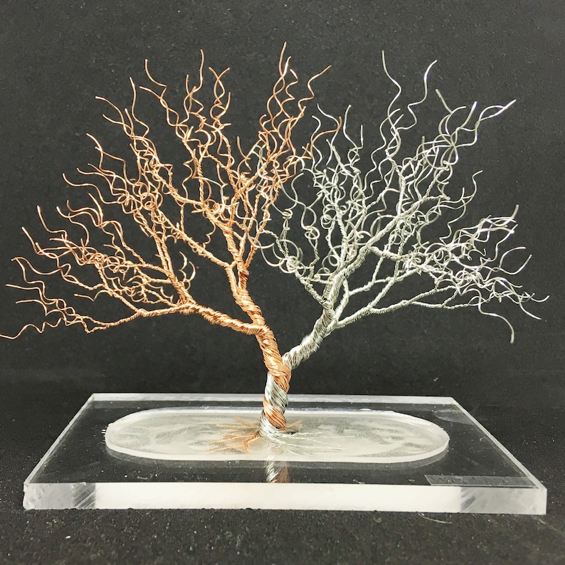 silver copper gold tree of life, two trees of Valinor inspired miniature wire wrapped tree, whimsical wire tree art, gift for him under 75 image 2
