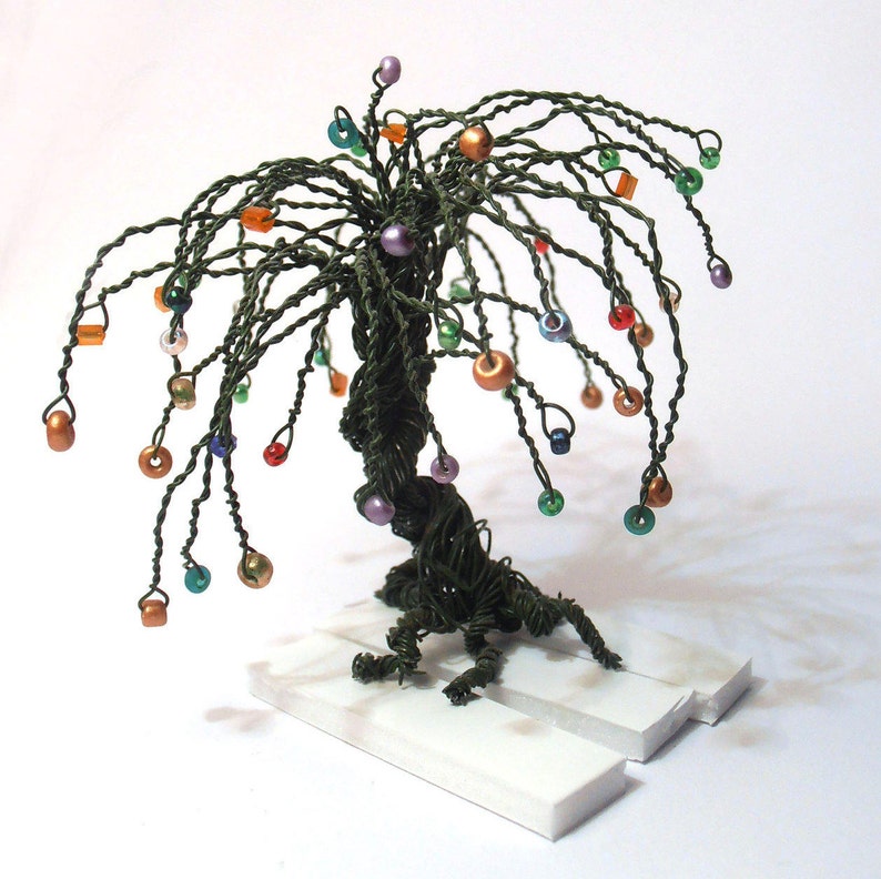 wire tree statue, green wire multicolor beads art tree, minimal home decor image 2