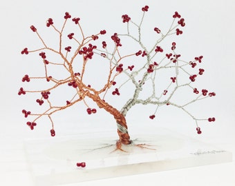 silver copper tree of life, red wedding centerpiece decor, ruby 40th anniversary wire tree, whimsical art tree statue, gift for her under 75