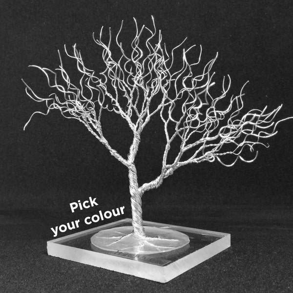 miniature wire tree art statue, customisable minimal wire tree of life, whimsical home decoration, Christmas decor, gift for him under 60