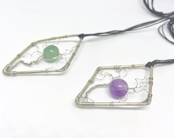 silver wire tree pendant, amethyst green aventurine yoga necklace, whimsical minimal wire jewellery, hostess gift for girlfriend under 50