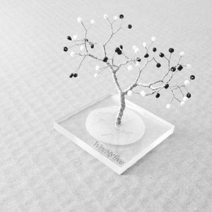 white black art tree wire statue, miniature silver wire white black beads wire tree resin base, minimalistic home decor