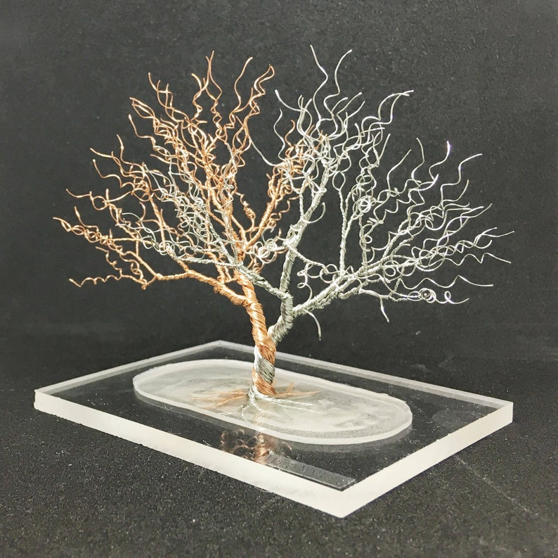 silver copper gold tree of life, two trees of Valinor inspired miniature wire wrapped tree, whimsical wire tree art, gift for him under 75 image 1