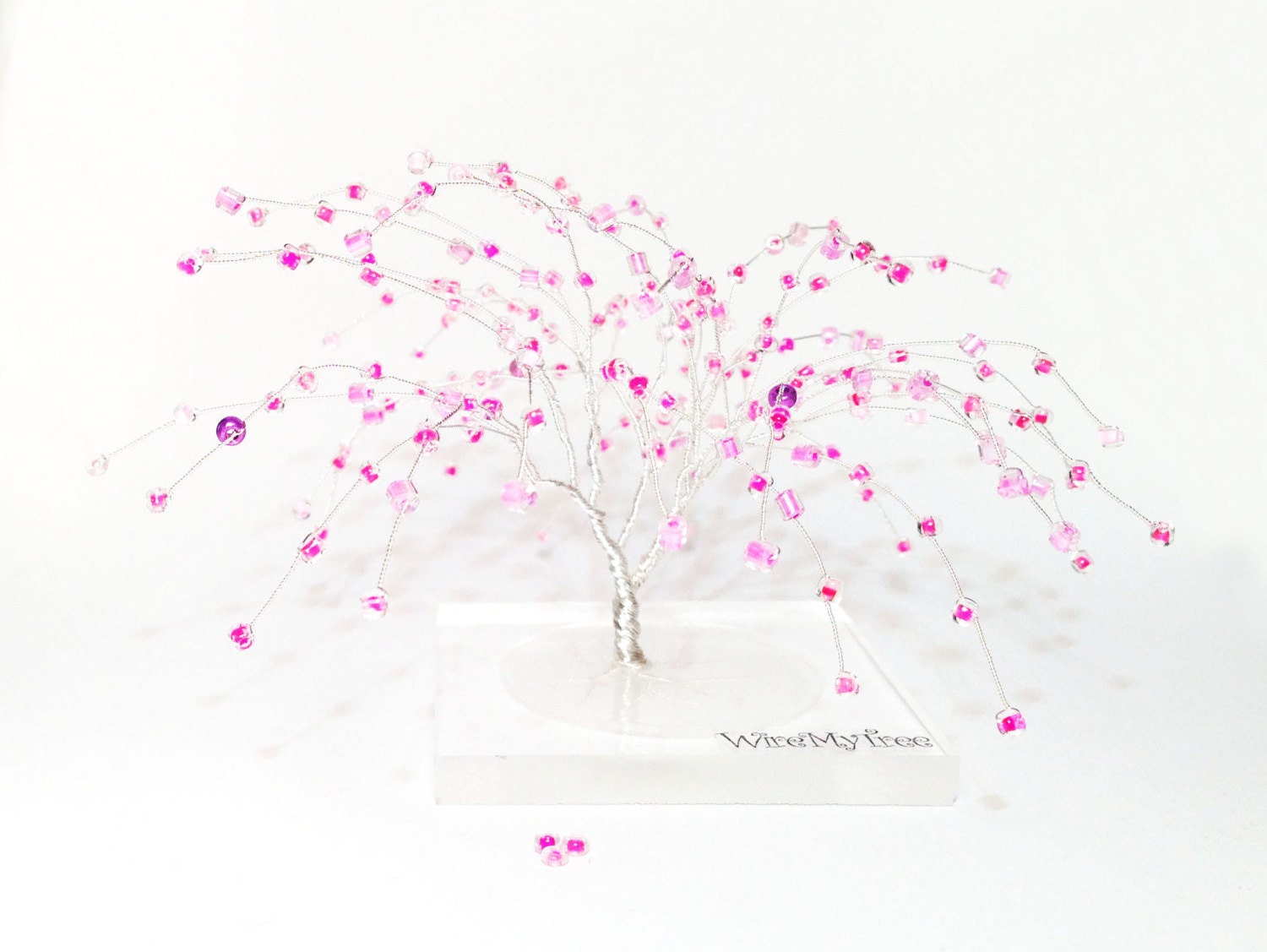 Rosa plata sauce llorón alambre árbol de arte, base de resina miniatura