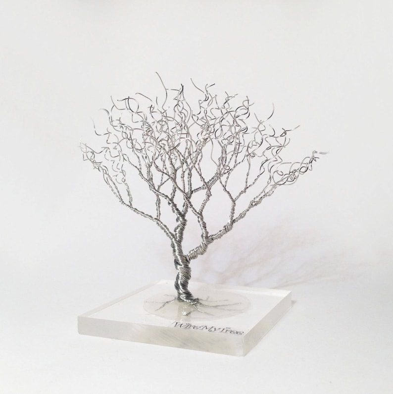 wire tree, silver plated copper wire, minimalistic decor with plexiglass base