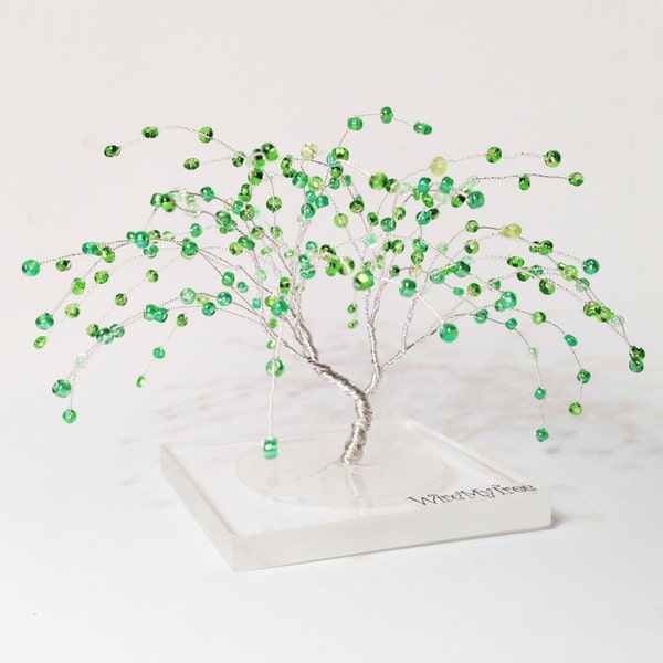 weeping willow wire art tree, silver wire green beads miniature wire tree statue, minimalistic home decor, green tree of life