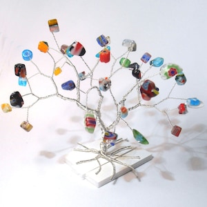 millefiori wire tree sculpture, multicolor wire art tree, whimsical minimal home decor, wire wrapped tree statue, hostess gift under 65