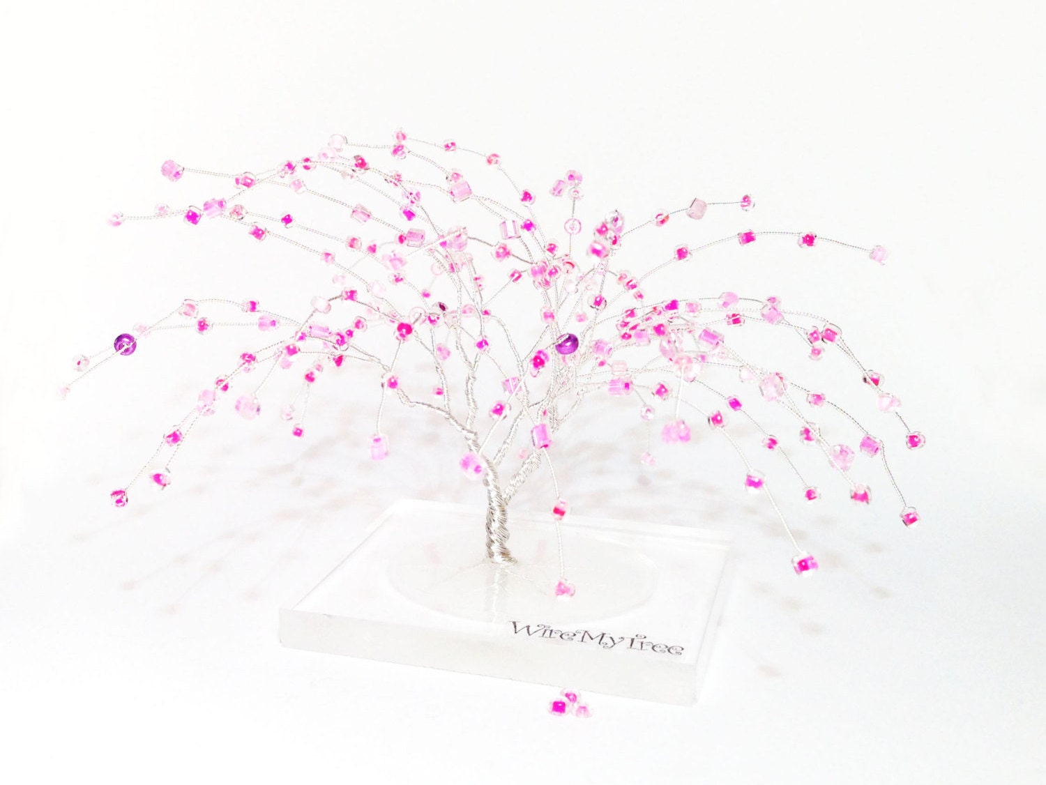 Rosa plata sauce llorón alambre árbol de arte, base de resina miniatura