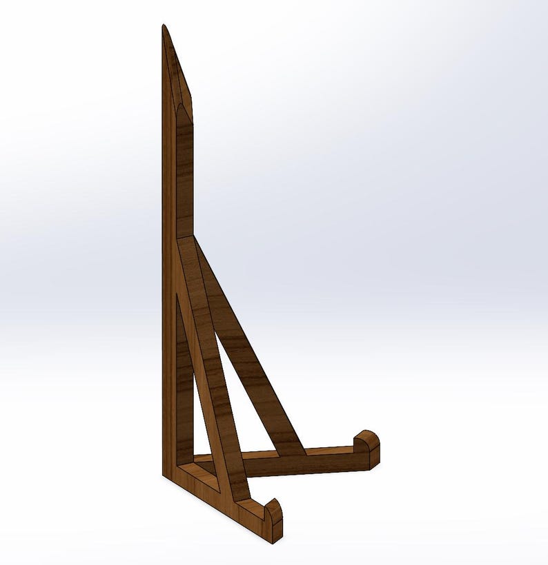 May include: A wooden display stand with a triangular frame and a curved base. The stand is made of brown wood and has a minimalist design. It is suitable for displaying items.