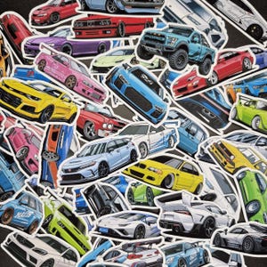 May include: A collection of assorted car stickers featuring various models in colors including red, blue, yellow, green, white, and purple. The stickers depict sports cars, trucks, and coupes in different angles and styles, layered together in a dense collage.