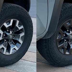 May include: Before and after image of a car wheel. The wheel is black with silver accents. The before image shows the wheel with a silver finish. The after image shows the wheel with a black finish.