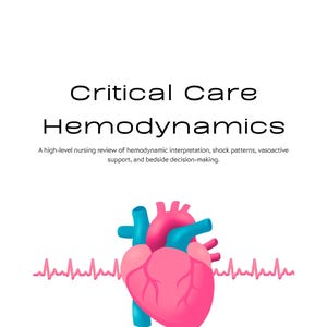 Puede incluir: Ilustración médica con un corazón rosa y rojo con venas azules sobre fondo blanco. El texto "Critical Care Hemodynamics" y una línea de ECG rosa también están presentes.