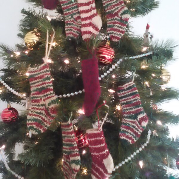 Christmas Hand Knit Tiny  Stocking Ornament         Hand Knit Mini Christmas Gift Tag      Hand Knit Tiny  Christmas Decor