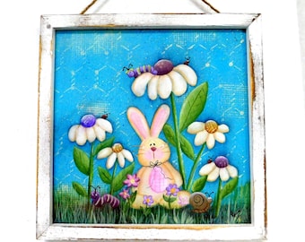 Spring Decor   Hand Painted Rabbit and Friends   Framed