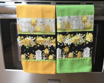 Handmade Kitchen Towel. Beehives , Bees and Flowers   Green  Yellow. Spring Summer