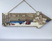 Hand Painted Nautical Wall Hanging       Sandcastle at the Beach      Reclaimed Wooden  Arrow   Mixed Media Surf and Sand