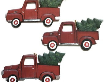 Red Truck and Christmas Tree -Hand Painted Christmas Ornament-Personalization Available