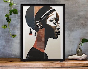 Può includere: Una stampa incorniciata di un viso di donna di profilo, con forme geometriche e motivi in ​​nero, bianco, rosso e marrone. La donna ha un'incarnazione scura e indossa una fascia per capelli.