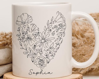custom name coffee mug, Minimalist Mug, floral mug handmade, cup ceramics, boho floral mug, gift for best friend mug, Bridal Party Favors