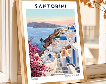Lámina artística de Santorini: Pintura gouache vintage, paisaje de una isla griega