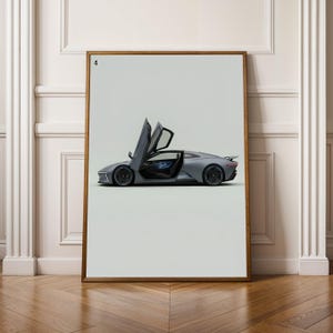 Lámina artística de coche deportivo futurista - Minimalista, renderizado 3D, gris y plata