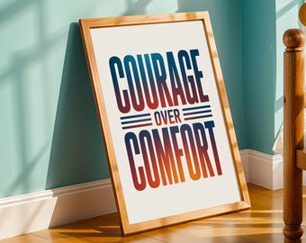 Impresión "Valor por encima de la comodidad": tipografía moderna con degradado, arte mural motivacional