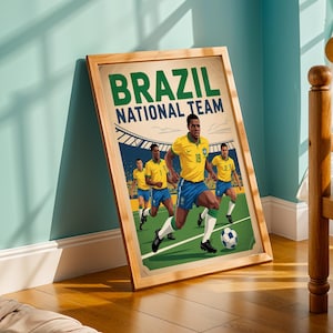 Brasilien Fußball Kunstdruck: Retro Fußball Poster, Grün Gelb Blau Dekor