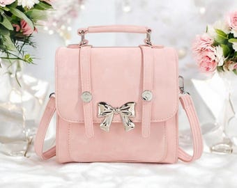 Pink Women&#39;s Backpack with Bow - Korean Fashion, Elegant College Style, Small Luxury Designer Bag