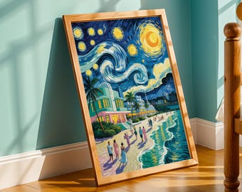 Póster de una noche de playa al estilo Van Gogh: arte posimpresionista