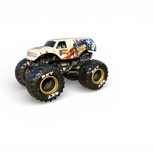May include: A white monster truck toy with a patriotic theme. The truck features a design with red, white, and blue accents, stars, and a cartoon character. The large black tires have gold rims and the text "BKT".
