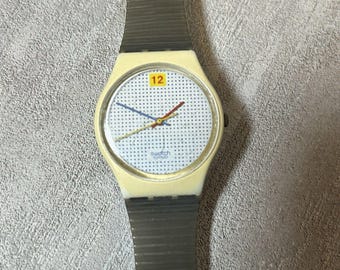 Vtg Swatch Watch Dotted Swiss LW104 1985 32mm Rare White Gray - New Battery
