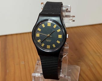 Vtg Swatch LB124 Big City Uhr 1989 24 mm Schweizer Schwarz Minimalist - Neue Batterie