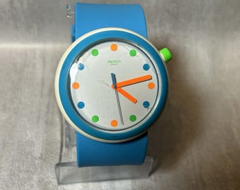 Vtg SWATCH Popping Pop Watch Aqua Dot PNW102 Rare Blue 42mm - New Battery