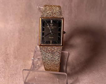 Jules Jürgensen Rectangular Gold Capped Genuine Diamond Black Dial Blue Sapphire Crown Vintage Swiss Made 1985 Cal.4434