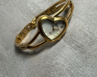 Vintage Armitron Gold Tone Heart Shaped Quartz Women’s Watch Cuff with New Battery