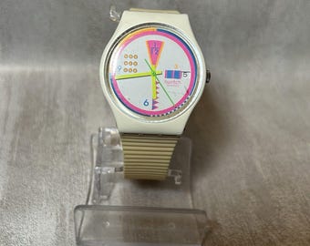 Vtg 1989 Swatch Watch Gent GEOGLO GW403 White 32mm Neon Retro 1980 - New Battery